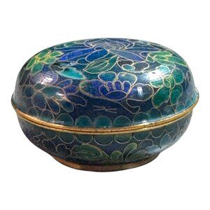 Vintage Cloisonné Round Trinket Box Antique Floral Design Blue & Green Enamel